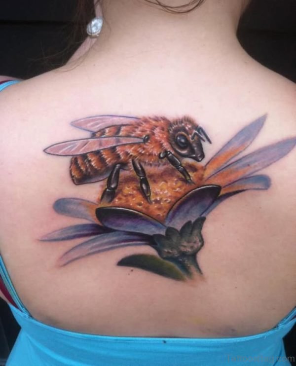 Bee And Flower Tattoo On Girl Upper Back