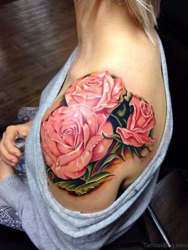 Amazing Pink Rose Shoulder Tattoo Design