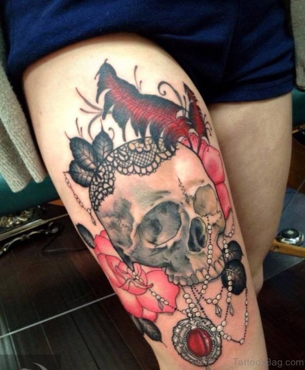 Amazing Skull With Pink Rose And Feather Tattoo