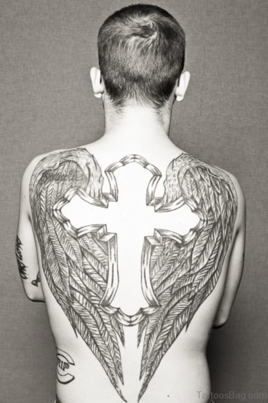 Amazing Wings Cross Tattoo on Back