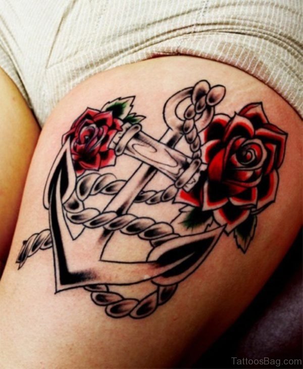Anchor And Rose Thigh Tattoo