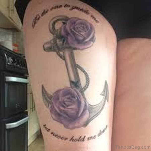 Anchor With Two Purple Roses Tattoo On Thigh