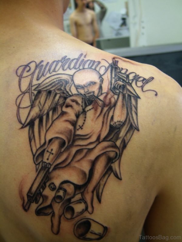 Angel  And  Gun Tattoo On Back