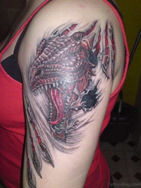 Angry Red Colored Dragon Tattoo Desgin