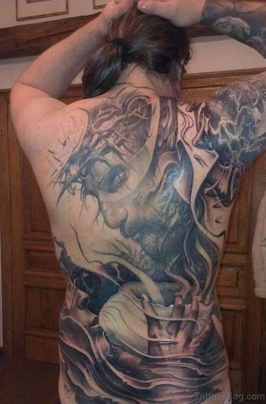 Attractive Jesus Tattoo On Full Back 