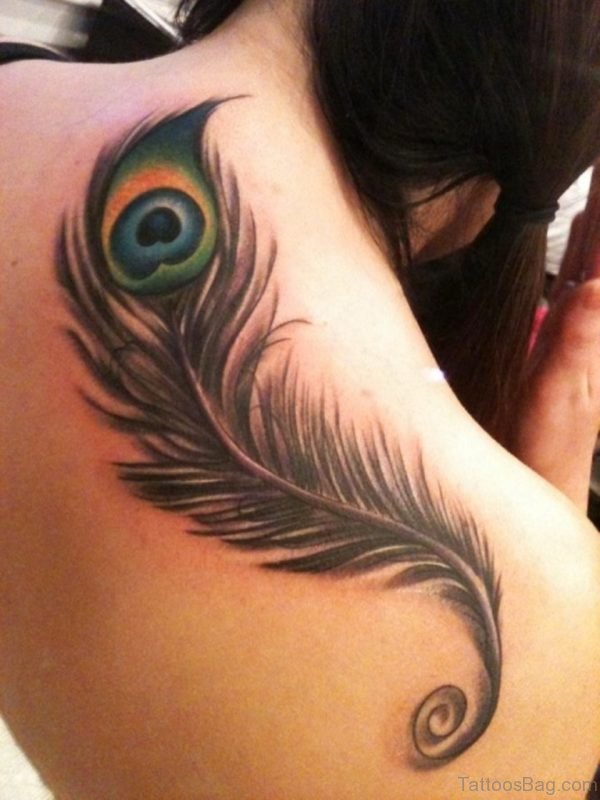 Attractive Peacock Feather Tattoo On Back