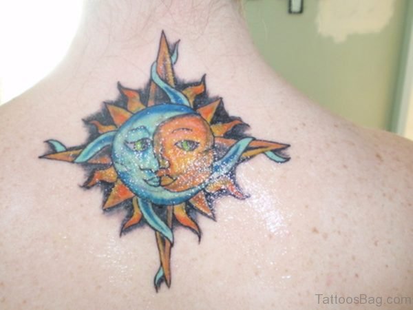 Attractive Sun And Moon Tattoo On Back