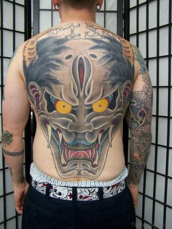Awesome Grey Ink Asian Hanya Mask Tattoo On Back