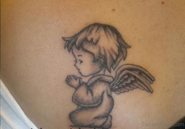 Awesome Grey Ink Memorial Angel Tattoo