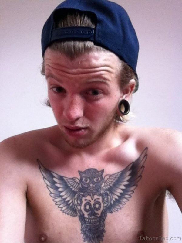 Awesome Grey Ink Owl Tattoo On Man Chest