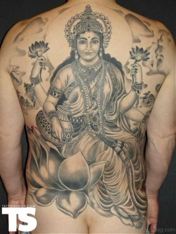 Awesome Grey Ink Religious Goddess Lakshmi Tattoo On Back