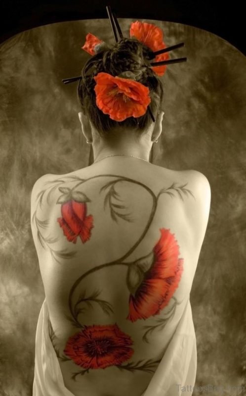 Awesome Poppy Flowers Tattoo On Full Back