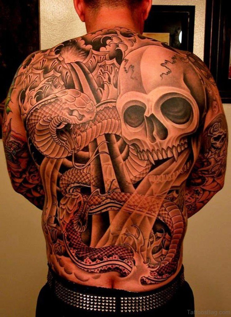 Awesome  Skull And Snake Tattoo