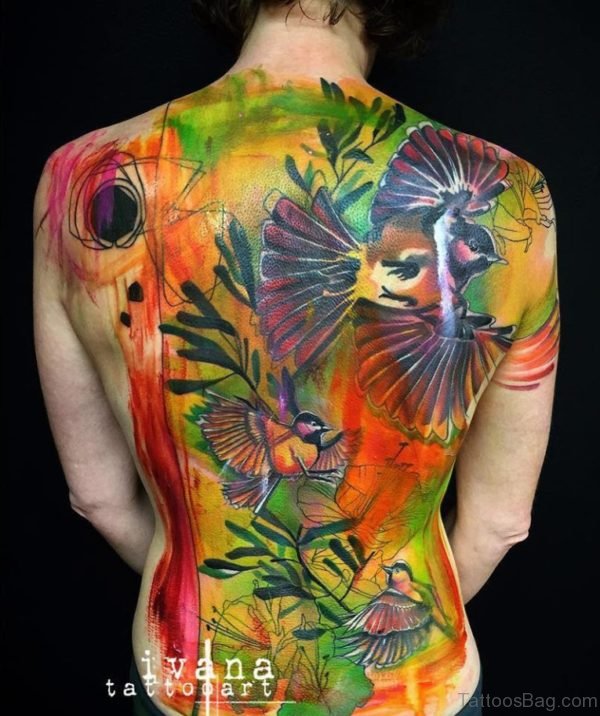 Awesome Watercolor Bird Tattoo On Full Back