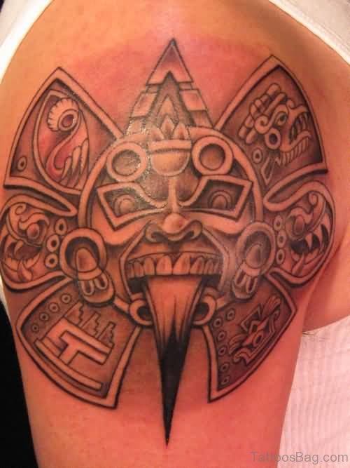 Aztec Tribal Tattoo On Left Shoulder 