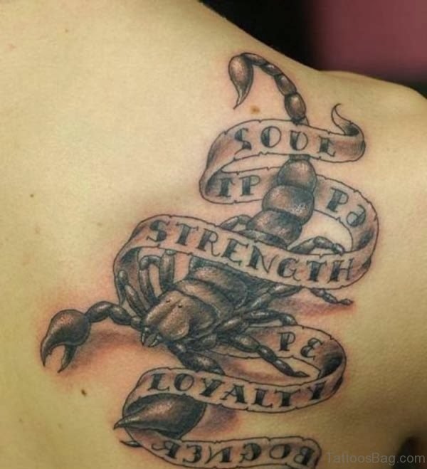 Banner Around Grey Scorpion Tattoo On Back