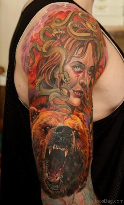 Bear And Medusa Tattoo On Shoulder
