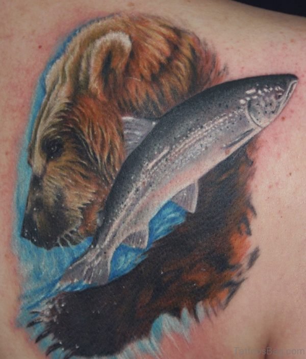 Bear and Fish Tattoo On Back