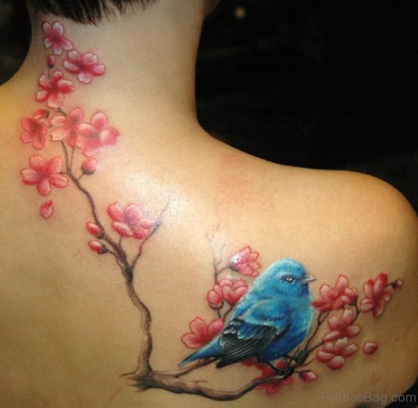 Beautiful Blue Bird And Flower Tattoo