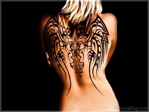 Beautiful Cross And Wings Tattoo On Back-BT114TB114