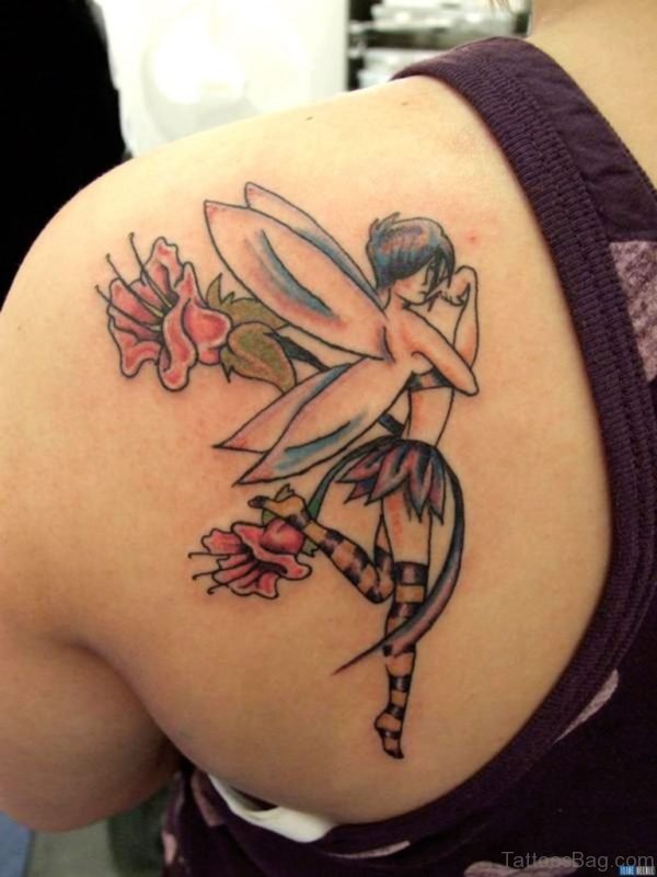 Beautiful Fairy And Flower Tattoo