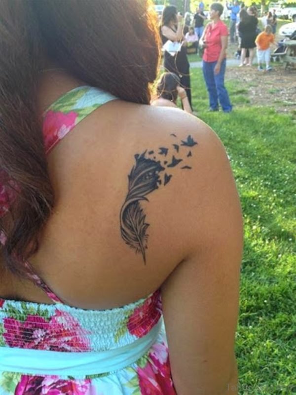 Beautiful Feather Tattoo On Girl Back