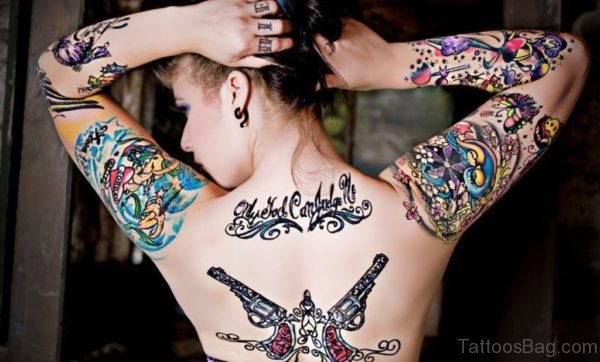 Beautiful Gun Tattoo On Back