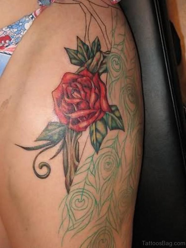 Beautiful Rose Tattoo  Design On Thigh