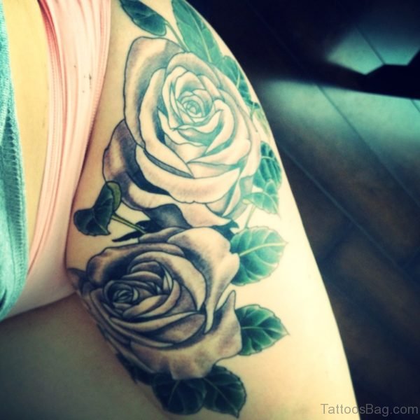Beautiful Rose Tattoo Design On Thigh