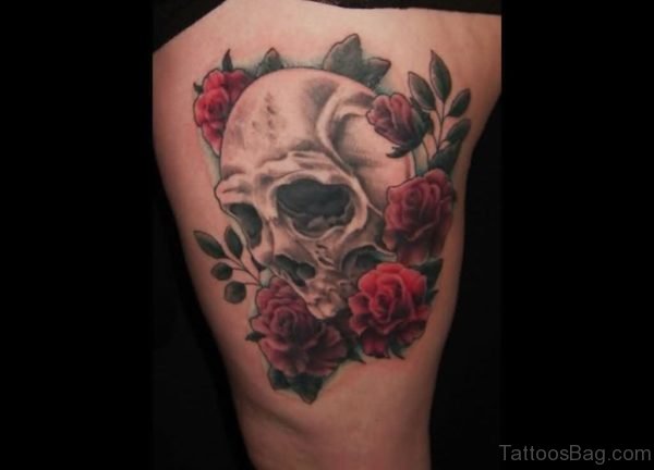 Beautiful Skull And Flower Tattoo  On Thigh