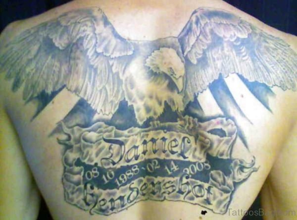 Big Grey Ink Eagle With Banner Tattoo On Back