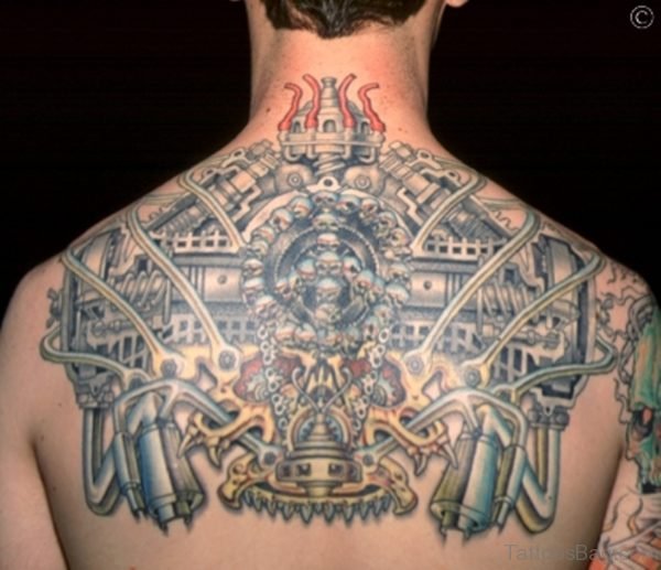 Biomechanical Tattoo On Man Back