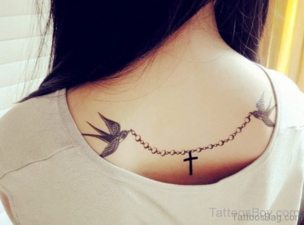 Bird And Cross Tattoo Design On Back