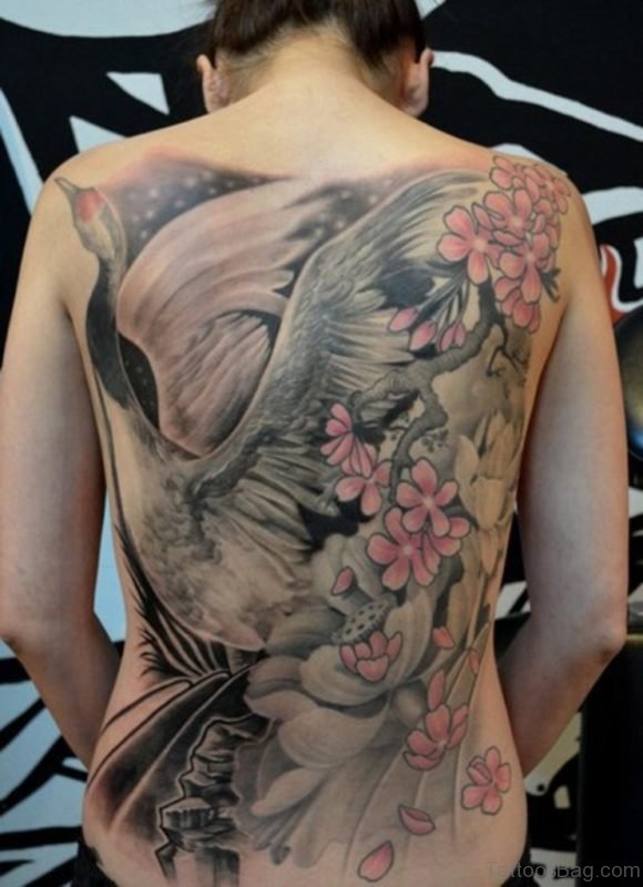 Bird And Flower Tattoo On Full Back