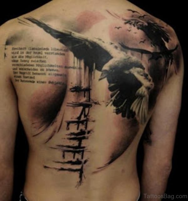 Bird And Wording Tattoo On Back