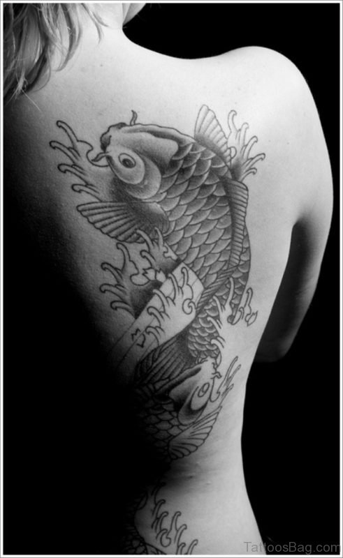 Black And White Fish Tattoo On Shoulder