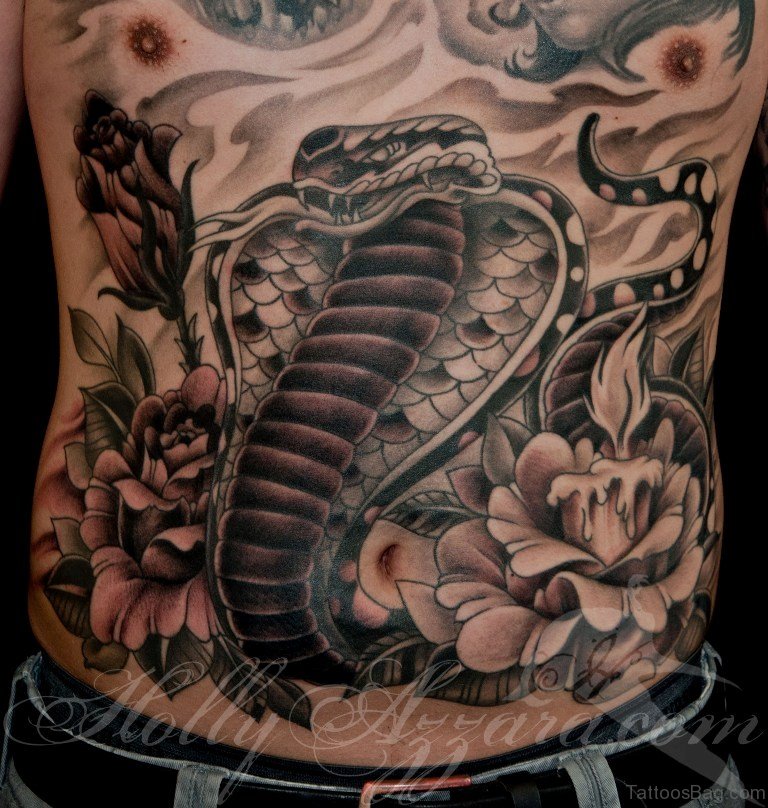 Black And Gray Traditional Snake And Roses Tattoo