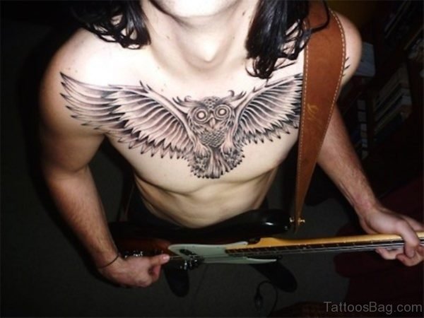 Black And Grey Owl Chest Tattoo