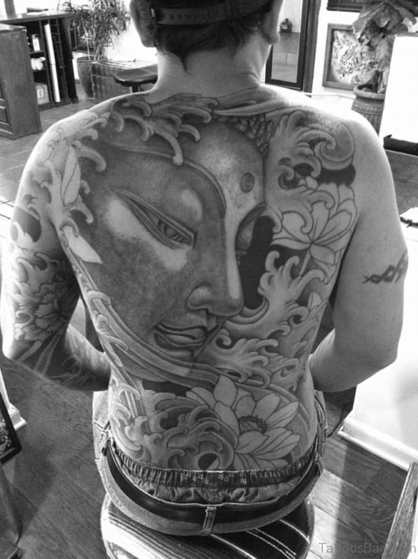 Black And White Buddha Tattoo On Back