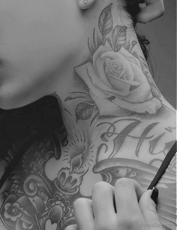 Black And White Rose Tattoo On Neck