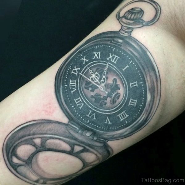 Black Bio Mechanical Clock Tattoo