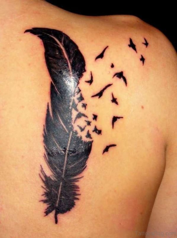 Black Birds And Feather Tattoo