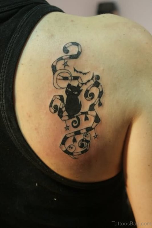 Black Cat Tattoo On Girl Right Back