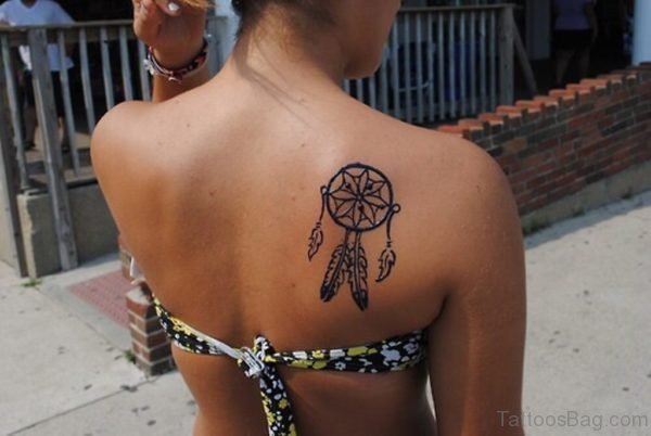 Black Dreamcatcher Tattoo On Back