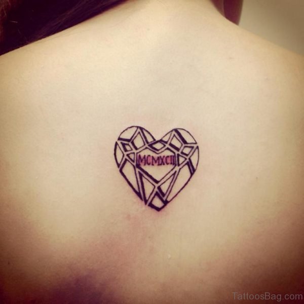 Black Geometric Heart Tattoo On Upper Back