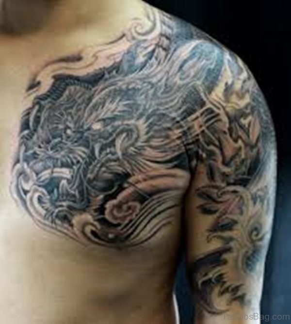 Black & Grey Dragon Tattoo Design On Chest