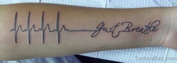 Black Heart Beat With Just Breathe Lettering Tattoo Design