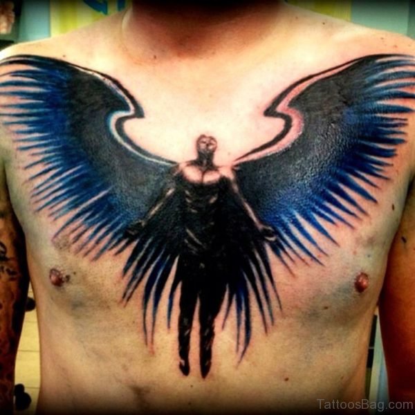 Black Ink Angel Tattoo On Man Chest