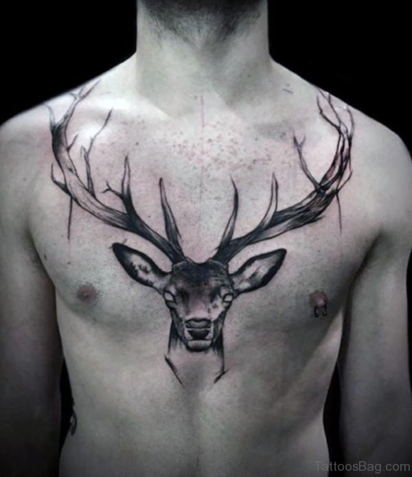 Black Ink Deer Head Men Chest Tattoo