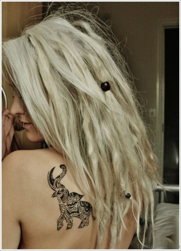 Black Ink Elephant Tattoo On Shoulder